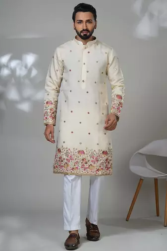 White shimmer embroidered kurta pajama for mens