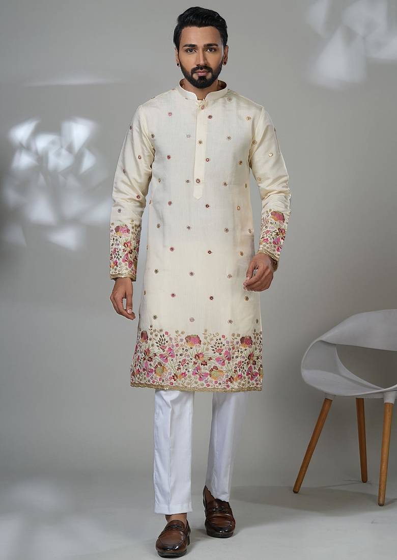 White shimmer embroidered kurta pajama for mens
