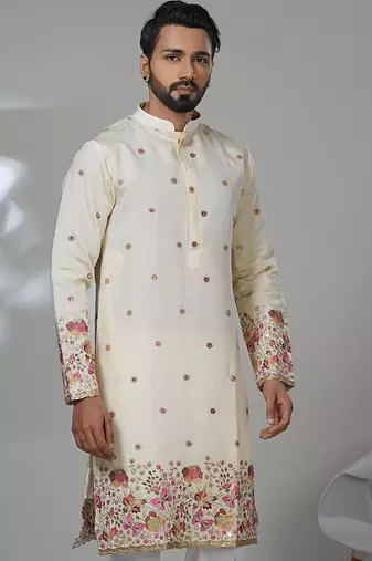 White shimmer embroidered kurta pajama for mens