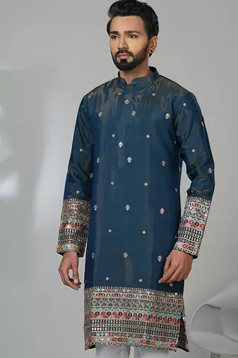 Blue shimmer embroidered kurta pajama for mens