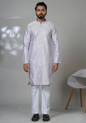 Pink blended cotton embroidered kurta pajama for mens 1