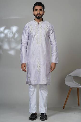 Pink blended cotton embroidered kurta pajama for mens