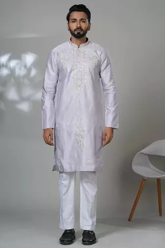 Pink blended cotton embroidered kurta pajama for mens