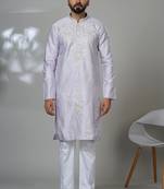Pink blended cotton embroidered kurta pajama for mens