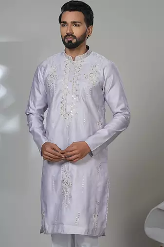 Pink blended cotton embroidered kurta pajama for mens