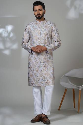 Purple silk embroidered kurta pajama for mens