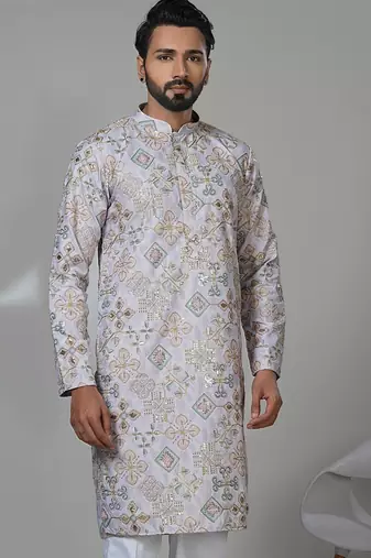 Purple silk embroidered kurta pajama for mens