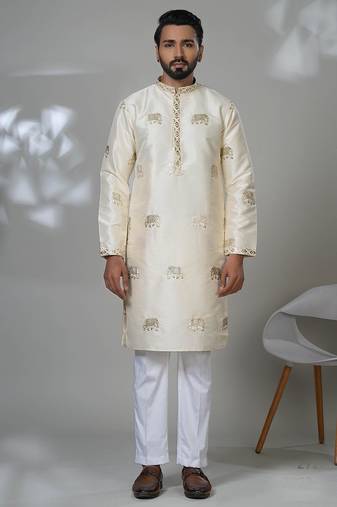 White silk embroidered kurta pajama for mens