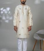 White silk embroidered kurta pajama for mens