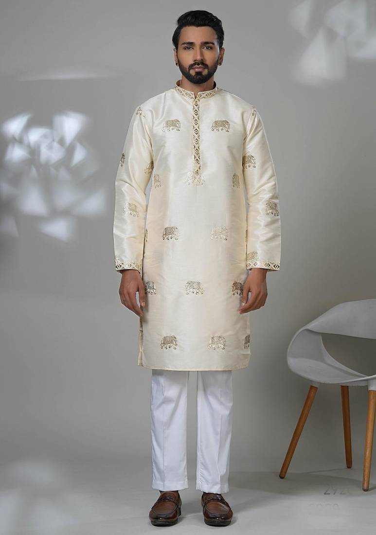 White silk embroidered kurta pajama for mens