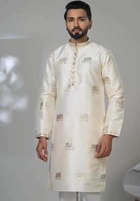 White silk embroidered kurta pajama for mens 2