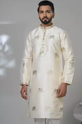 White silk embroidered kurta pajama for mens
