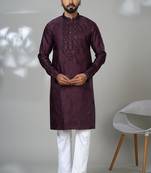 Red blended cotton embroidered kurta pajama for mens