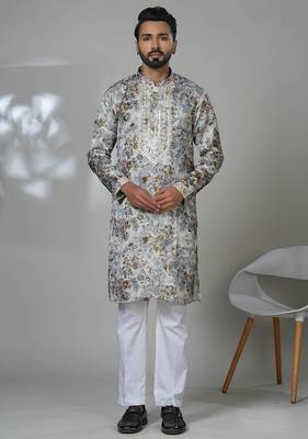 Multicolor blended cotton embroidered kurta pajama for mens 1