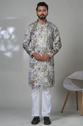 Multicolor blended cotton embroidered kurta pajama for mens