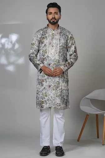 Multicolor blended cotton embroidered kurta pajama for mens
