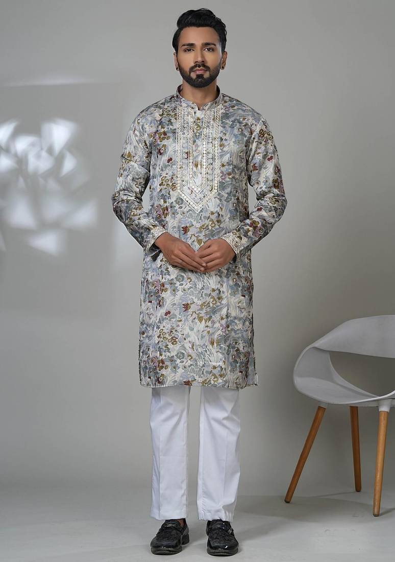 Multicolor blended cotton embroidered kurta pajama for mens