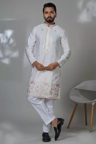 White blended cotton embroidered kurta pajama for mens