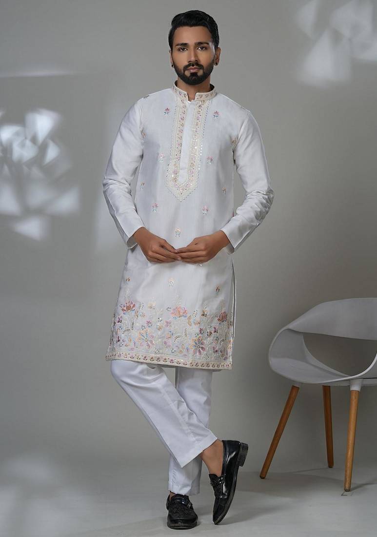 White blended cotton embroidered kurta pajama for mens