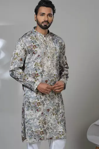 Multicolor blended cotton embroidered kurta pajama for mens