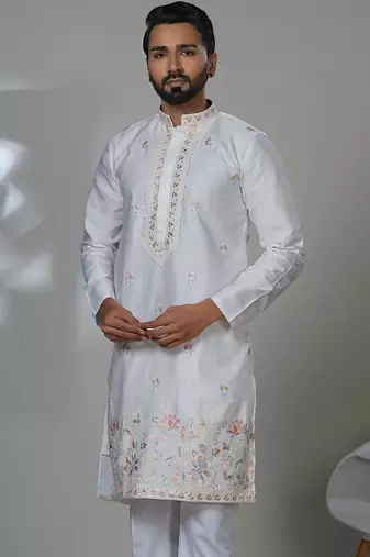 White blended cotton embroidered kurta pajama for mens