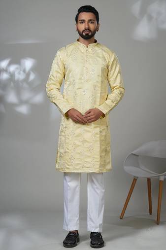 Yellow blended cotton embroidered kurta pajama for mens