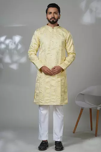 Yellow blended cotton embroidered kurta pajama for mens