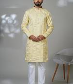 Yellow blended cotton embroidered kurta pajama for mens