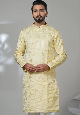 Yellow blended cotton embroidered kurta pajama for mens 2