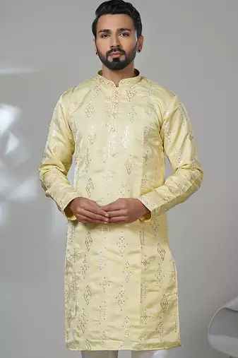 Yellow blended cotton embroidered kurta pajama for mens
