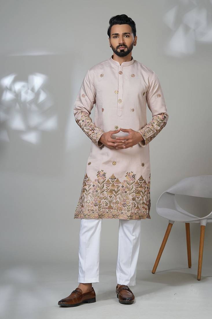 Pink shimmer embroidered kurta pajama for mens
