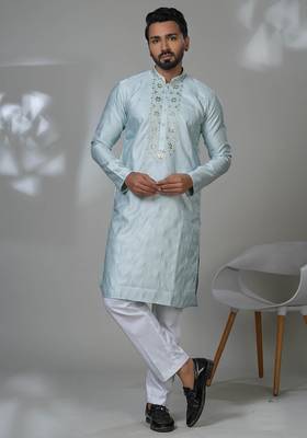 Sky blended cotton embroidered kurta pajama for mens 1