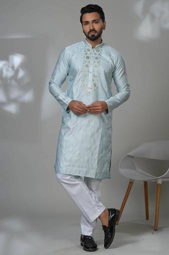 Sky blended cotton embroidered kurta pajama for mens