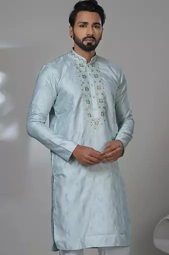 Sky blended cotton embroidered kurta pajama for mens