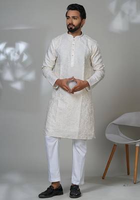 White blended cotton embroidered kurta pajama for mens 1