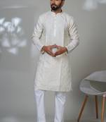 White blended cotton embroidered kurta pajama for mens