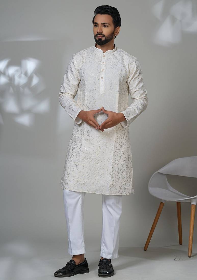 White blended cotton embroidered kurta pajama for mens