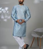 Sky blended cotton embroidered kurta pajama for mens