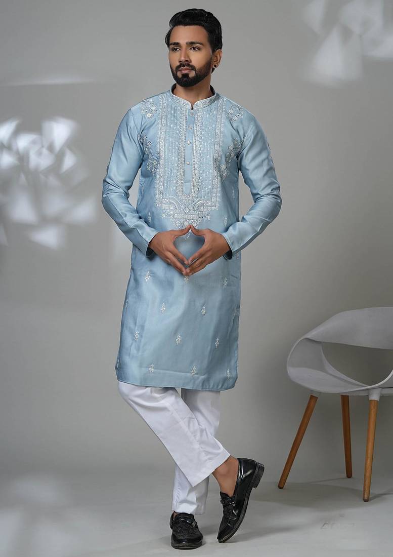 Sky blended cotton embroidered kurta pajama for mens