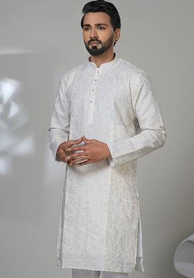 White blended cotton embroidered kurta pajama for mens 2