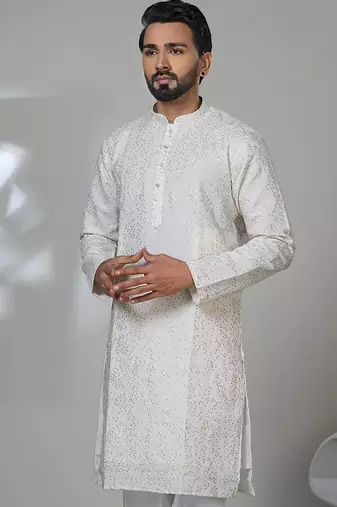 White blended cotton embroidered kurta pajama for mens