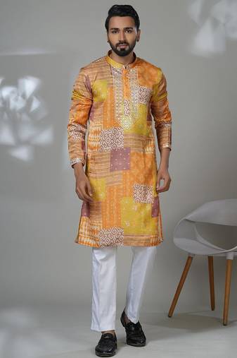 Multicolor blended cotton embroidered kurta pajama for mens