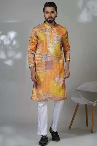 Multicolor blended cotton embroidered kurta pajama for mens