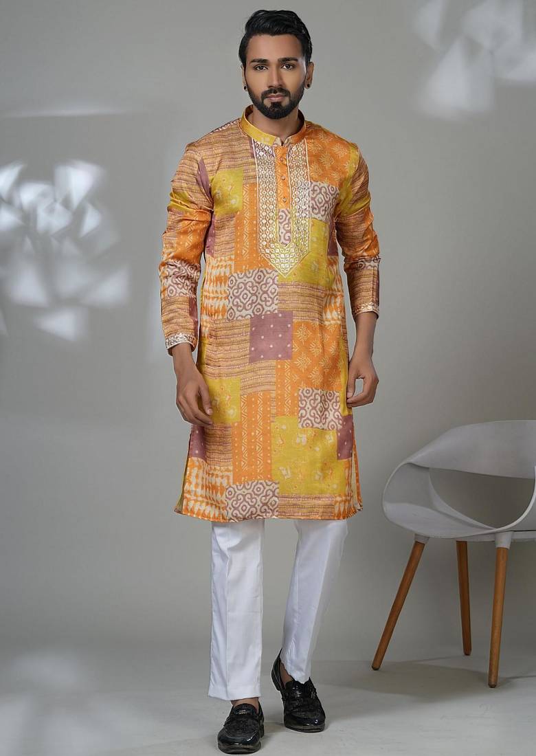 Multicolor blended cotton embroidered kurta pajama for mens