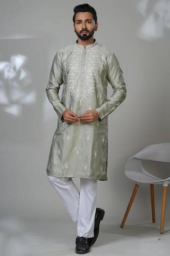 Green blended cotton embroidered kurta pajama for mens