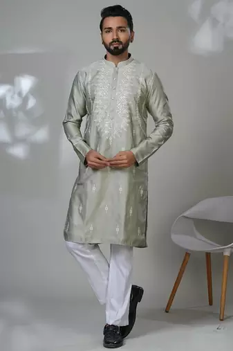 Green blended cotton embroidered kurta pajama for mens