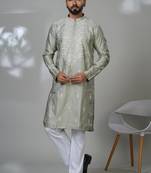 Green blended cotton embroidered kurta pajama for mens