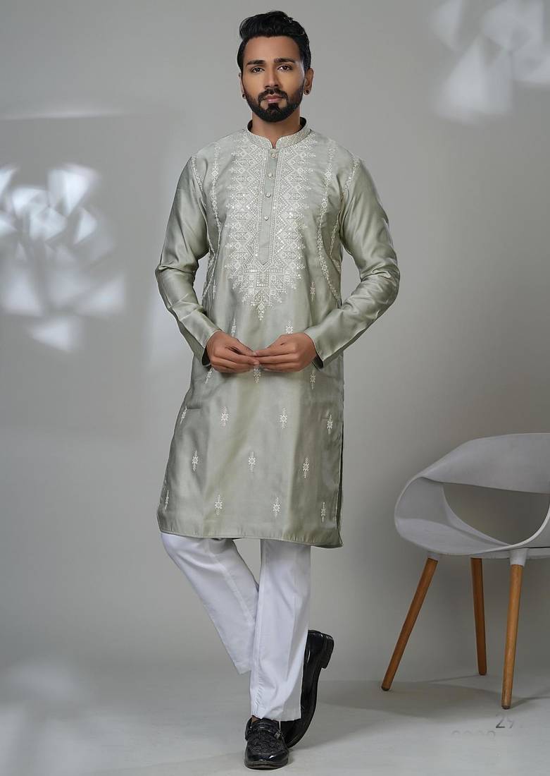 Green blended cotton embroidered kurta pajama for mens
