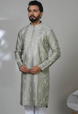 Green blended cotton embroidered kurta pajama for mens 2
