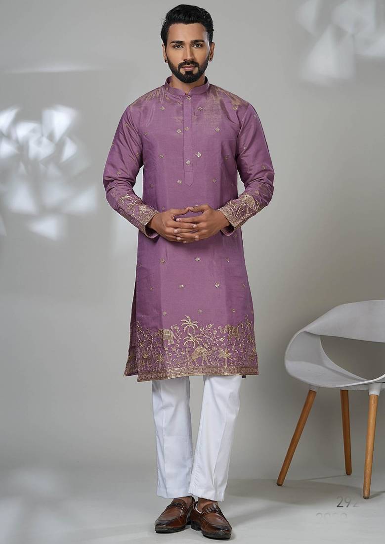 Pink shimmer embroidered kurta pajama for mens